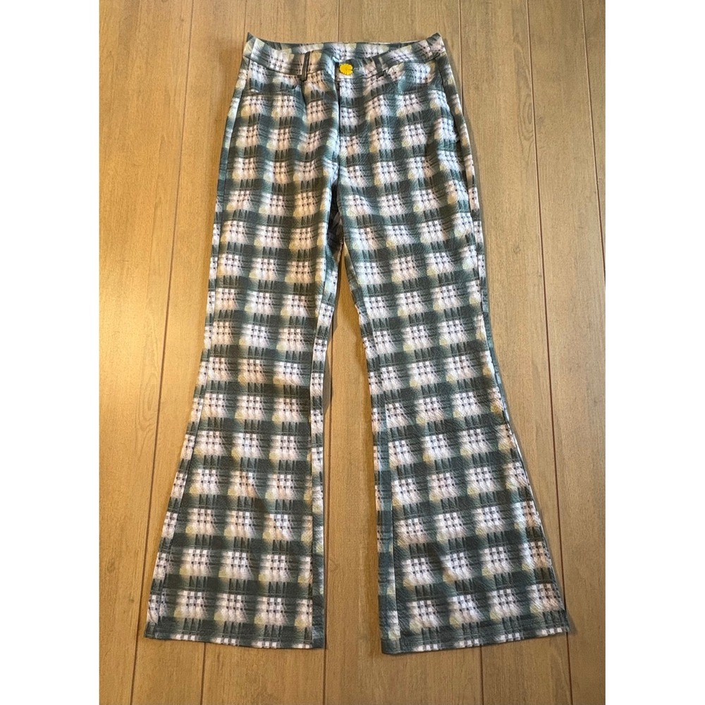 Cider Plaid Flare Pants Women Size M Green Yellow Daisy Button Retro 70s Style - Picture 7 of 14